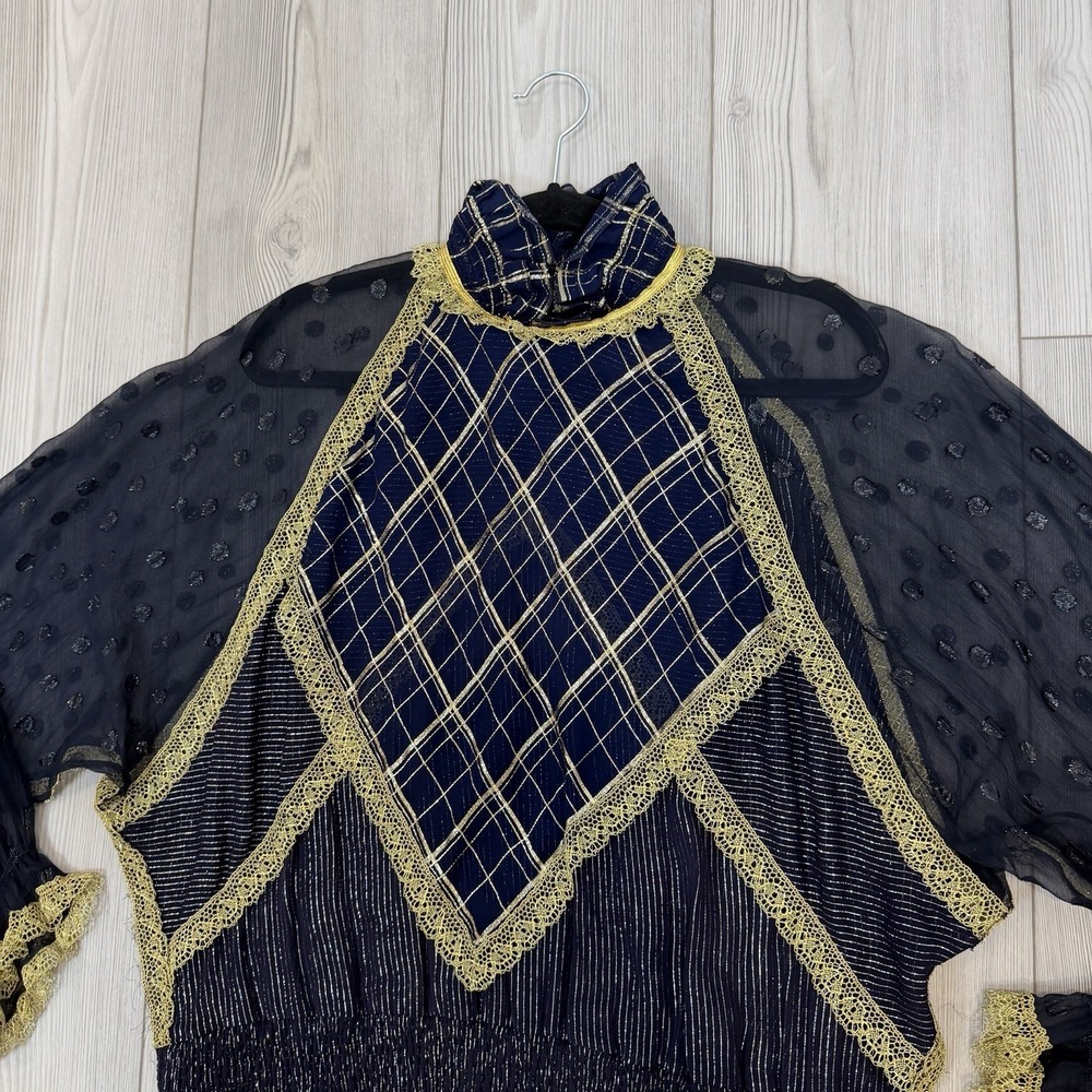 Koos Van Den Akker Couture 1980s Silk Blouse Shirt Sheer Pattern Navy Gold - Picture 5 of 14